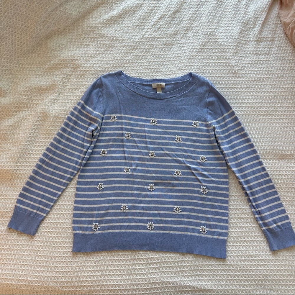 LOFT light blue striped beaded sweater
